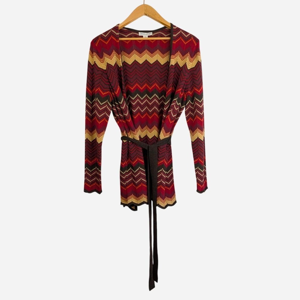 Vintage 90s Y2K Pendleton Merino Wool Chevron Zigzag Belted Cardigan Red XL